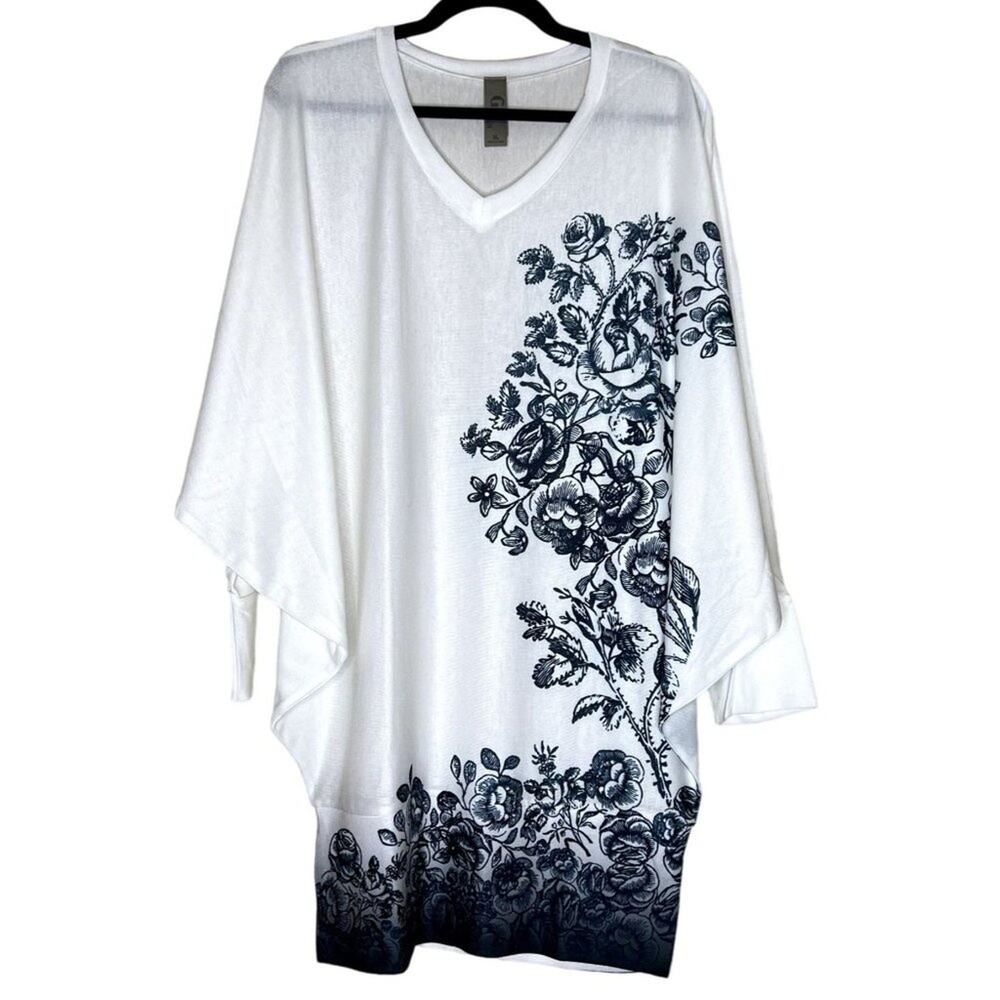 Go Couture Blouse Top Women's XL White Black Dolman Long Sleeve V-Neck Pullover